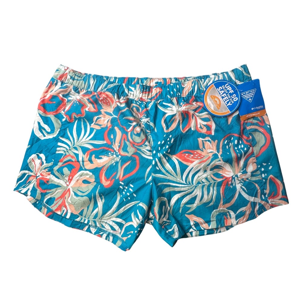Columbia Shorts Womens XL Teal Super Tamiami Pull-on Floral PFG UPF 50 FL5201